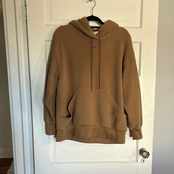 Nike Tan Fleece Teddy Hoodie with Pink Logo - Picture 1 of 4